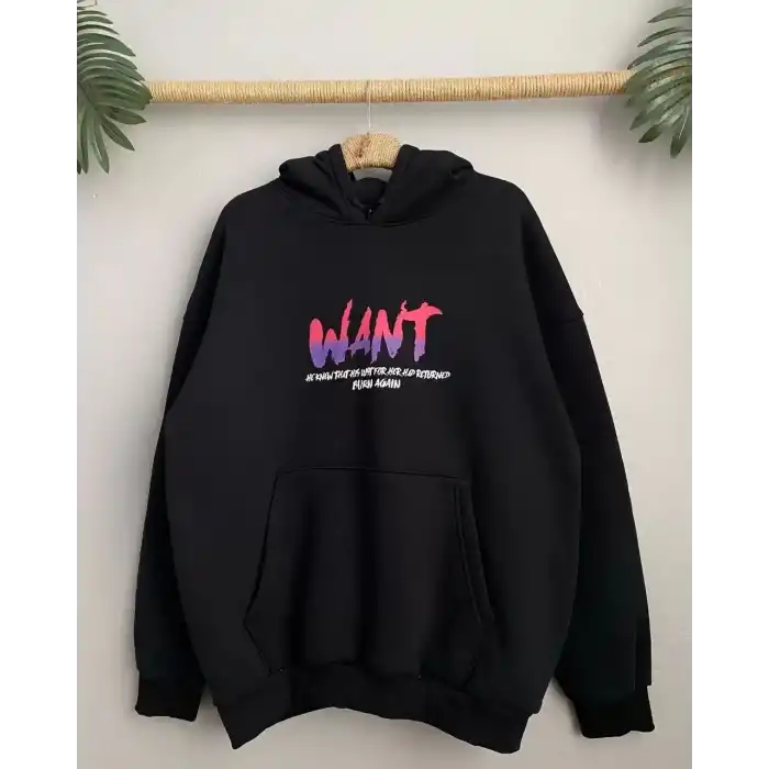 Baskılı Üç İplik Kapüşonlu Oversize Sweatshirt - Siyah