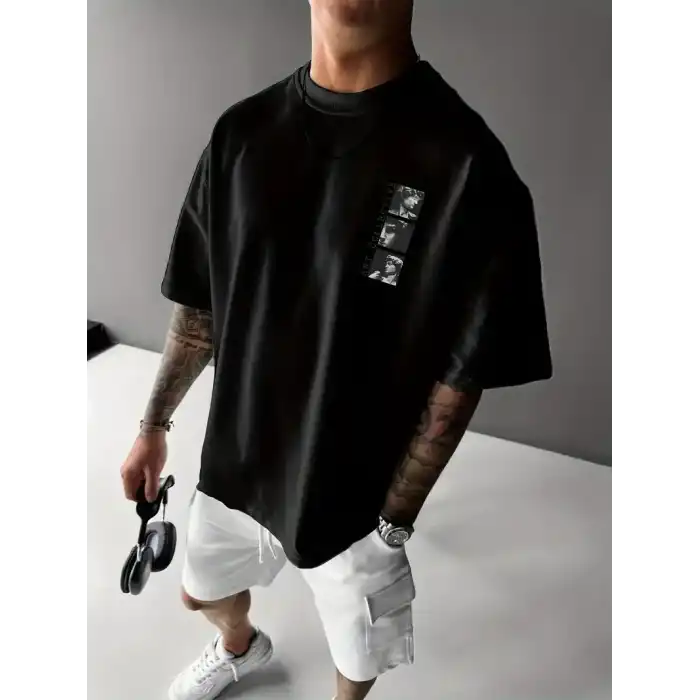 Benzersiz Sırt Baskılı Erkek Sokak Stili Bol Tişört - Nefes Alabilir Polyester, Makinede Yıkanabilir - Siyah