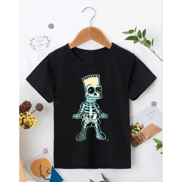 Bisiklet Yaka Kısa Kol Çocuk Baskılı T-Shirt - Siyah