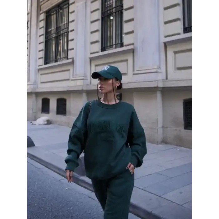 Bisiklet Yaka Nakış İşlemeli Üç İplik Sweat Takım - Yeşil