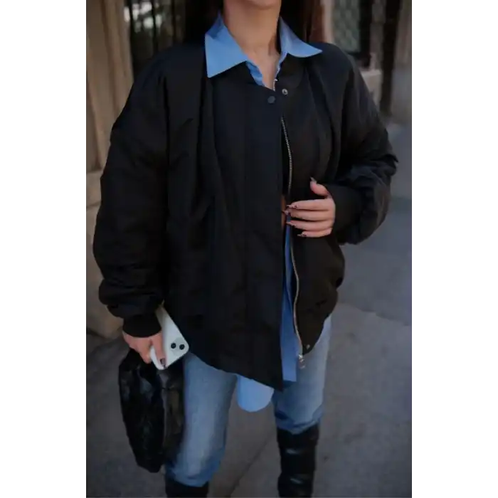 Cepli Bomber Ceket Mont - Siyah