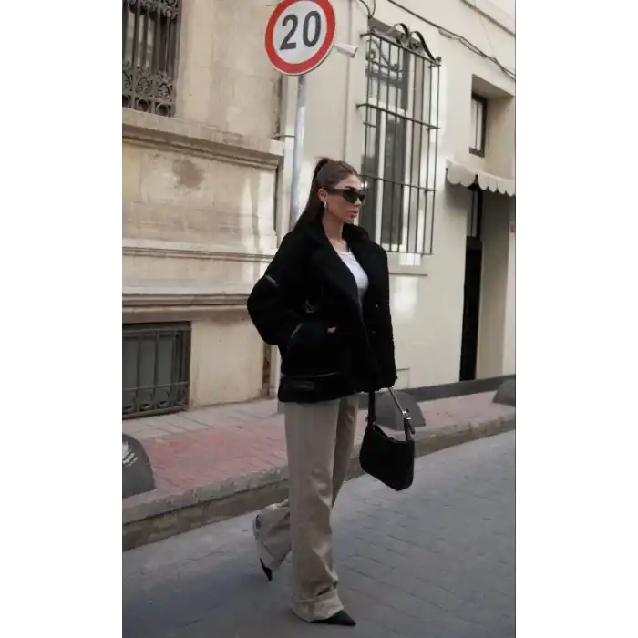 Cıt Cıt Detaylı Peluş Mont Ceket - Siyah