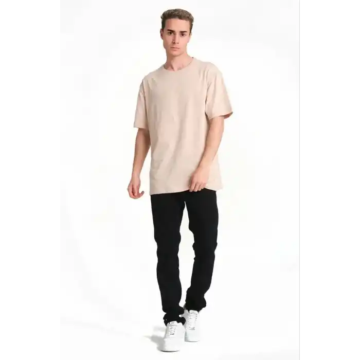 Erkek 24/1 Düz A Kalite Oversize T-shirt - Bej