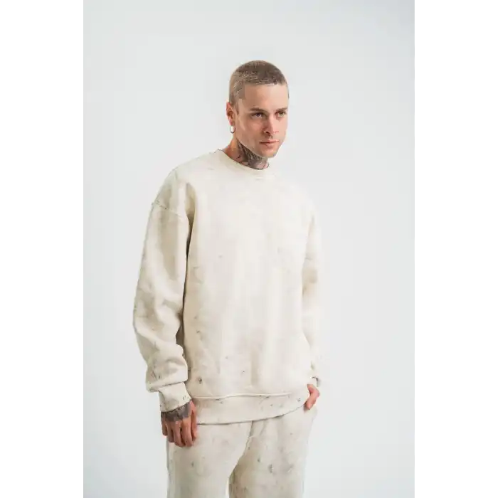 Erkek 3 İplik Pamuklu Yağ Yıkamalı Sweatshirt Double Oversize Bisiklet Yaka Uzun Kol - Krem