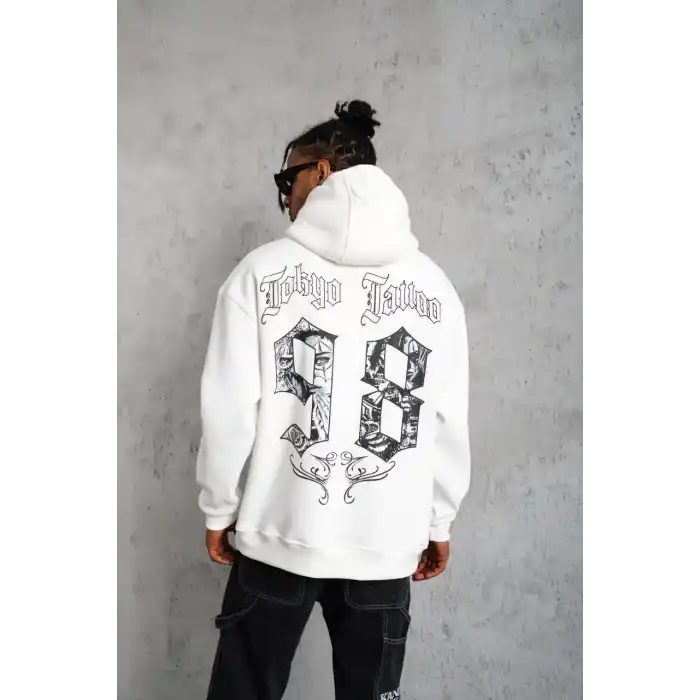 Erkek 98 Baskılı Kapşonlu Sweat - Beyaz