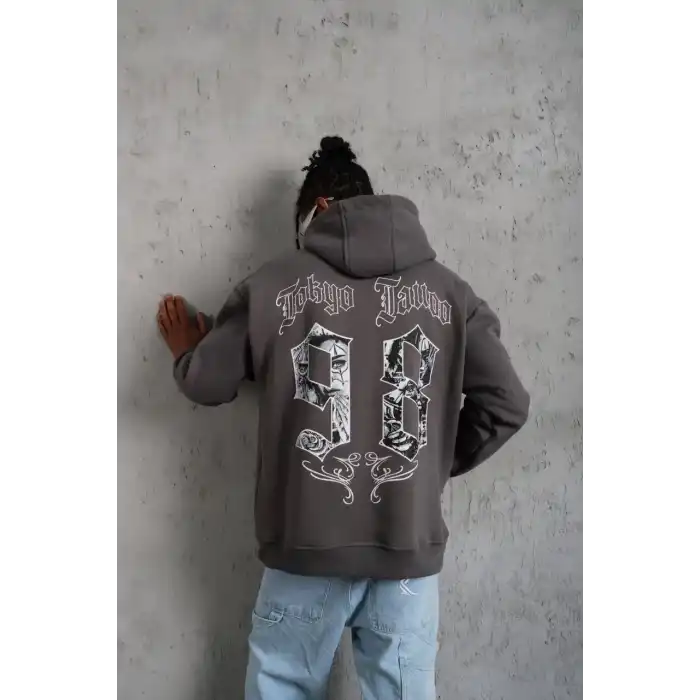 Erkek 98 Baskılı Kapşonlu Sweat - Gri