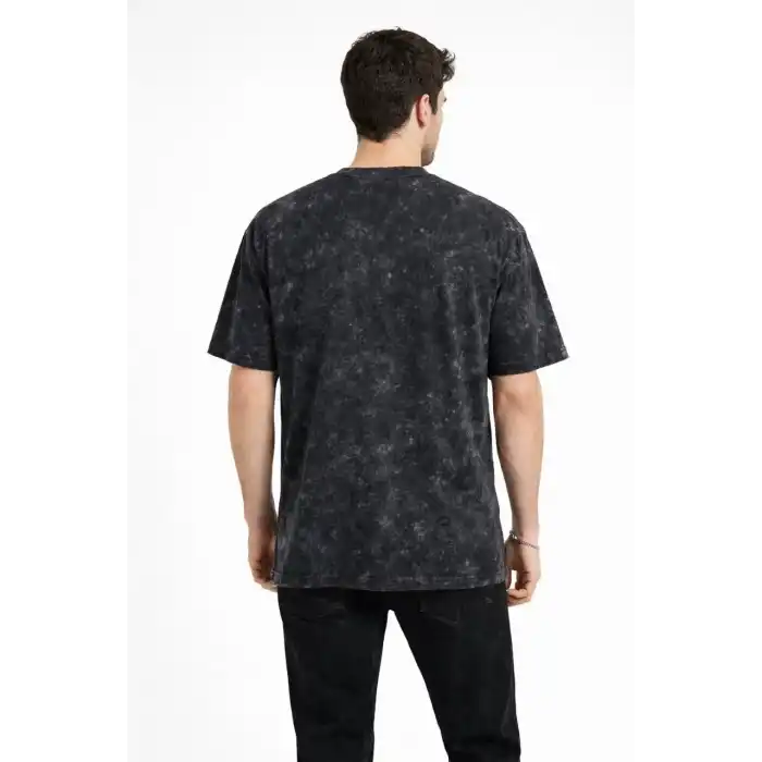 Erkek Asit Yıkama Bisiklet Yaka Kısa Kollu Oversize T-Shirt Tişört - Siyah