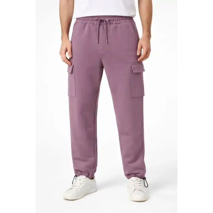 Erkek Baggy Üç İplik Kargo Cepli Eşofman Ayarlanabilir Paça Beli İpli Pantolon - Gül Kurusu