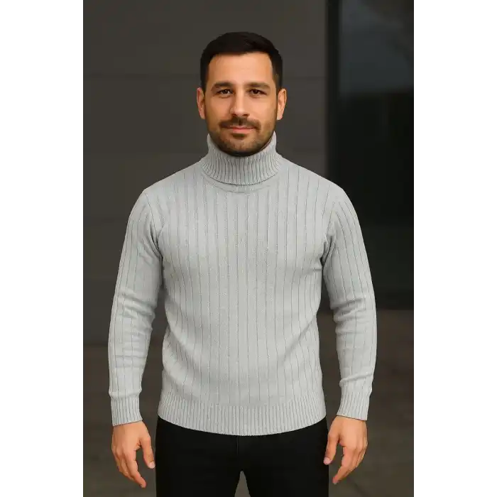 Erkek Balıkcı Yaka Bağazlı Triko Kazak Pamuklu Kalın Fitilli Dokuma, Regular Fit Uzun Kollu Kışlık Model - Gri