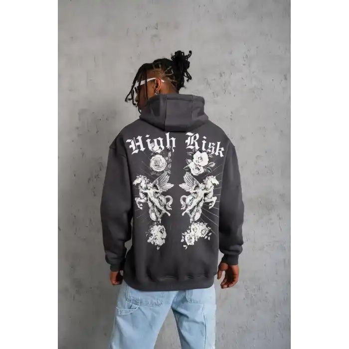 Erkek Baskılı Kapşonlu Sweat - Füme