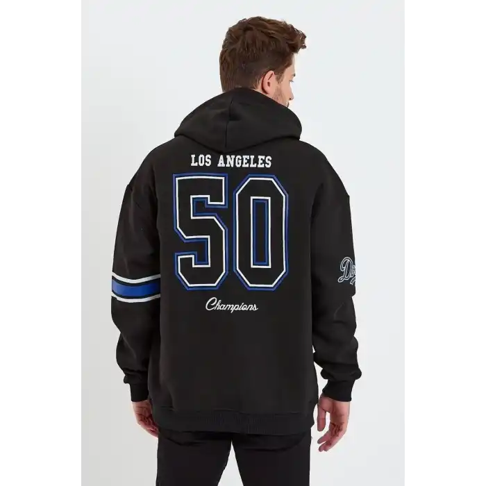 Erkek Baskılı Kapşonlu Üç iplik Oversize Sweatshirt - Siyah