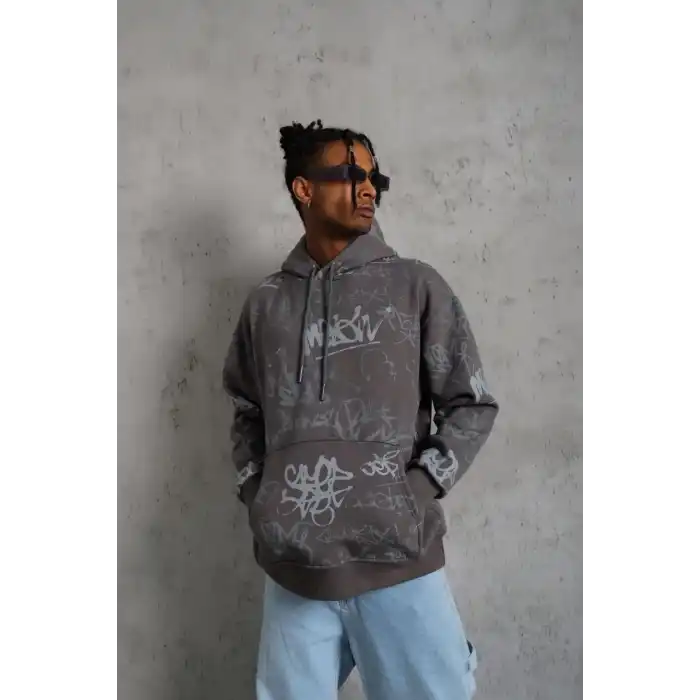 Erkek Baskılı Kapüşonlu Ribanalı Sweat - Gri