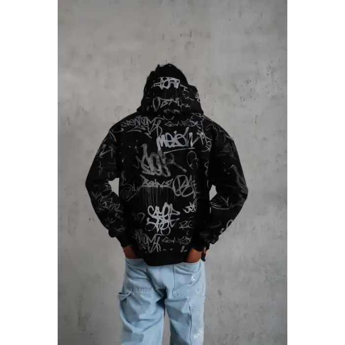 Erkek Baskılı Kapüşonlu Ribanalı Sweat - Siyah