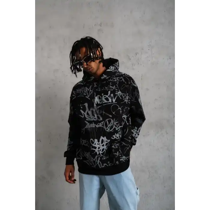Erkek Baskılı Kapüşonlu Ribanalı Sweat - Siyah