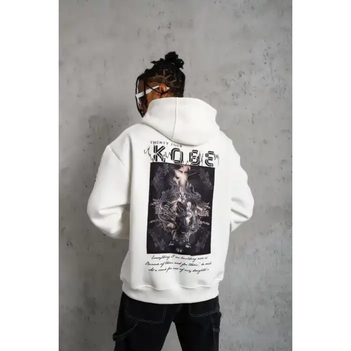 Erkek Baskılı Kapüşonlu Sweat - Beyaz