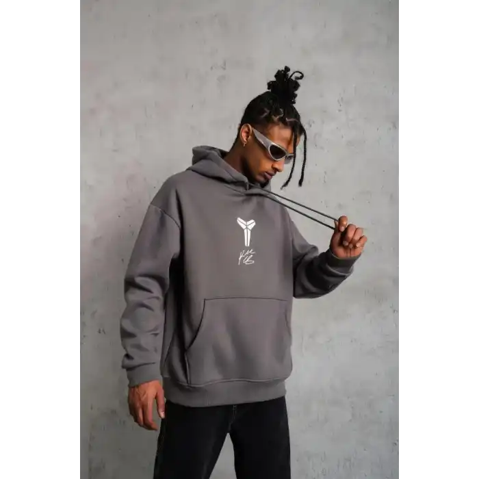 Erkek Baskılı Kapüşonlu Sweat - Gri