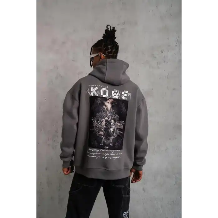 Erkek Baskılı Kapüşonlu Sweat - Gri