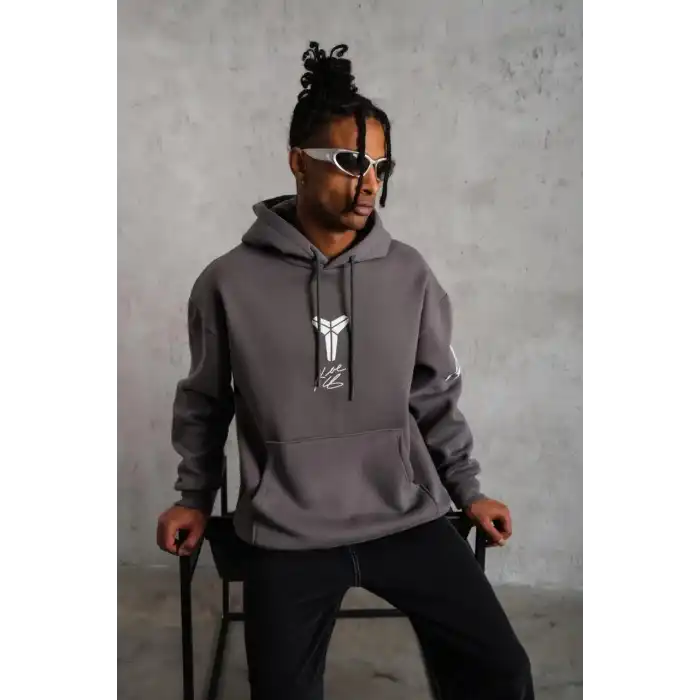 Erkek Baskılı Kapüşonlu Sweat - Gri