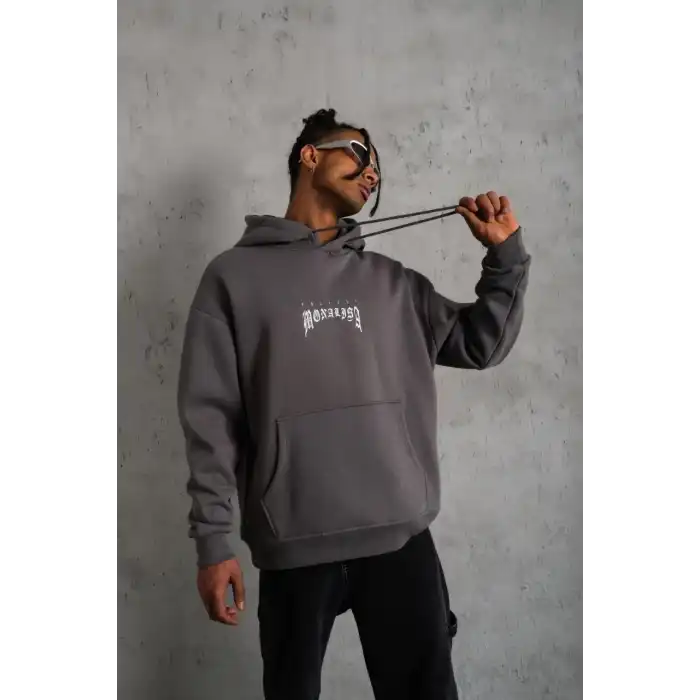 Erkek Baskılı Kapüşonlu ve Kanguru Cepli Sweat- Gri