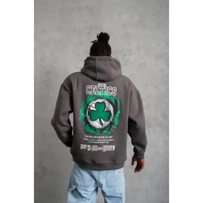 Erkek Baskılı Kapüşonlu ve Kordon İpli Sweat - Gri