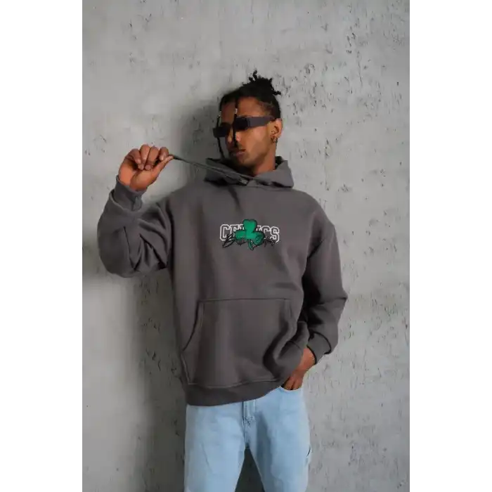 Erkek Baskılı Kapüşonlu ve Kordon İpli Sweat - Gri