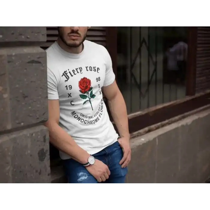 Erkek Bisiklet Yaka Baskılı Oversize T-Shirt - Beyaz