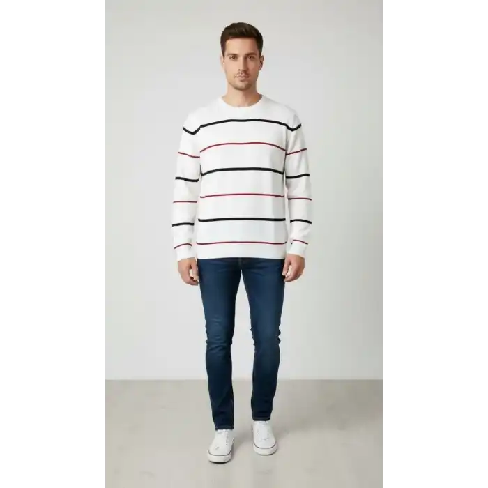 Erkek Bisiklet Yaka Cizgili Triko Kazak yumuşak dokulu Pamuklu ince Dokuma, uzun kollu Rahat Regular kalıp - Beyaz