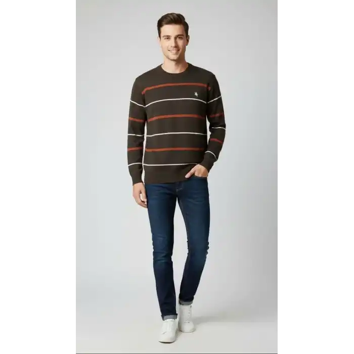 Erkek Bisiklet Yaka Cizgili Triko Kazak yumuşak dokulu Pamuklu ince Dokuma, uzun kollu Rahat Regular kalıp - Koyu Kahverengi