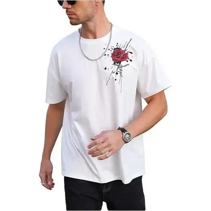 Erkek Bisiklet Yaka Kısa Kol Baskılı T-shirt - Beyaz