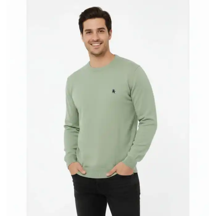 Erkek Bisiklet Yaka Nakış işlemeli Triko Kazak yumuşak dokulu Pamuklu ince Dokuma, uzun kollu Rahat Regular kalıp - Mint Yeşili