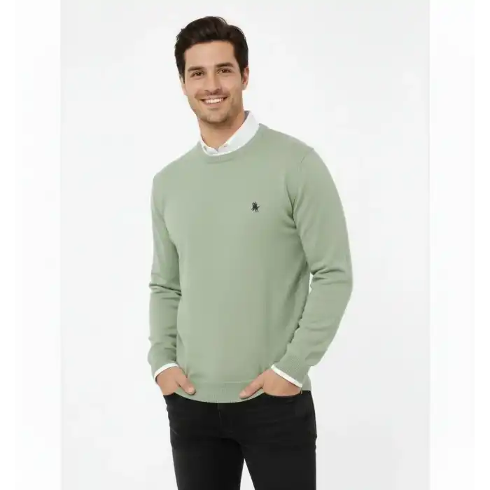 Erkek Bisiklet Yaka Nakış işlemeli Triko Kazak yumuşak dokulu Pamuklu ince Dokuma, uzun kollu Rahat Regular kalıp - Mint Yeşili