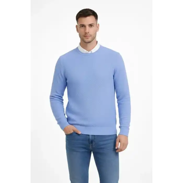 Erkek Bisiklet Yaka Petekli dokulu Triko Kazak Pamuklu ince Dokuma, uzun kollu Rahat Regular kalıp - Mavi