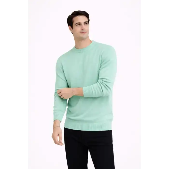 Erkek Bisiklet Yaka Triko Kazak yumuşak dokulu Pamuklu ince Dokuma, uzun kollu Rahat Regular kalıp - Mint Yeşili