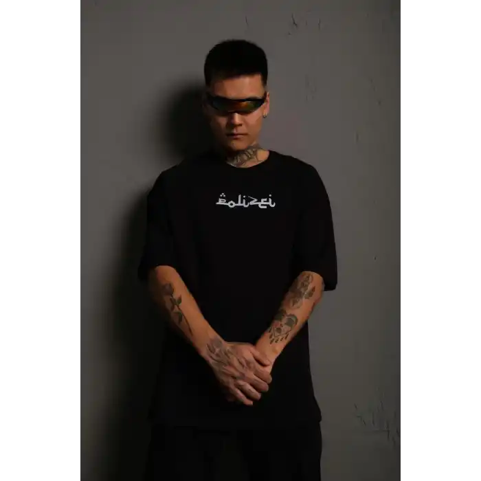Erkek Bisiklet Yakalı Sırt Baskılı Oversize T-Shirt - Siyah