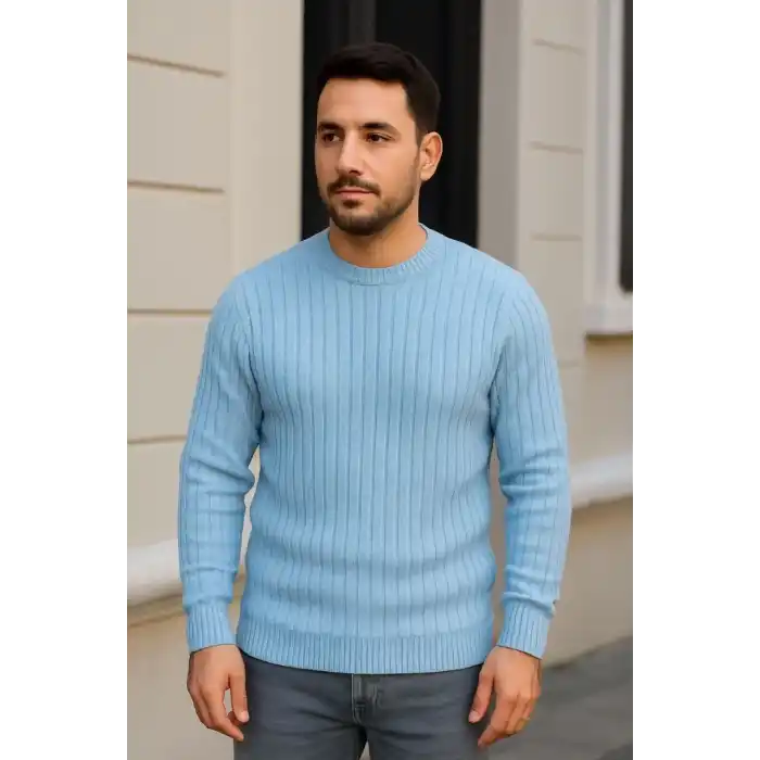 Erkek Bisiklet Yuvarlak Yaka Triko Kazak Pamuklu Kalın Fitilli Dokuma, Regular Fit Uzun Kollu Kışlık Model - Bebe Mavisi