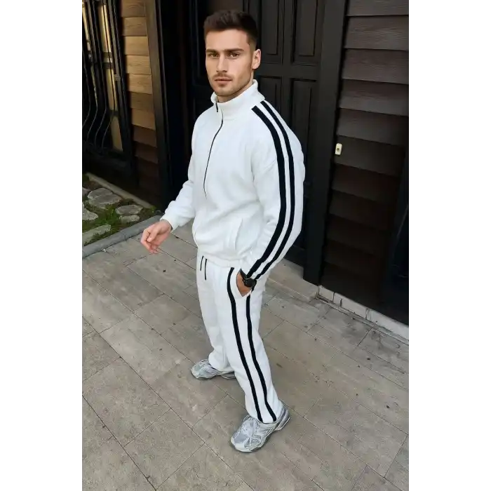 Erkek Çift Şeritli Eşofman Takım Dik Yaka Fermuarlı Sweatshirt Boru Paça Alt, Oversize 3 iplik Pamuklu - Beyaz