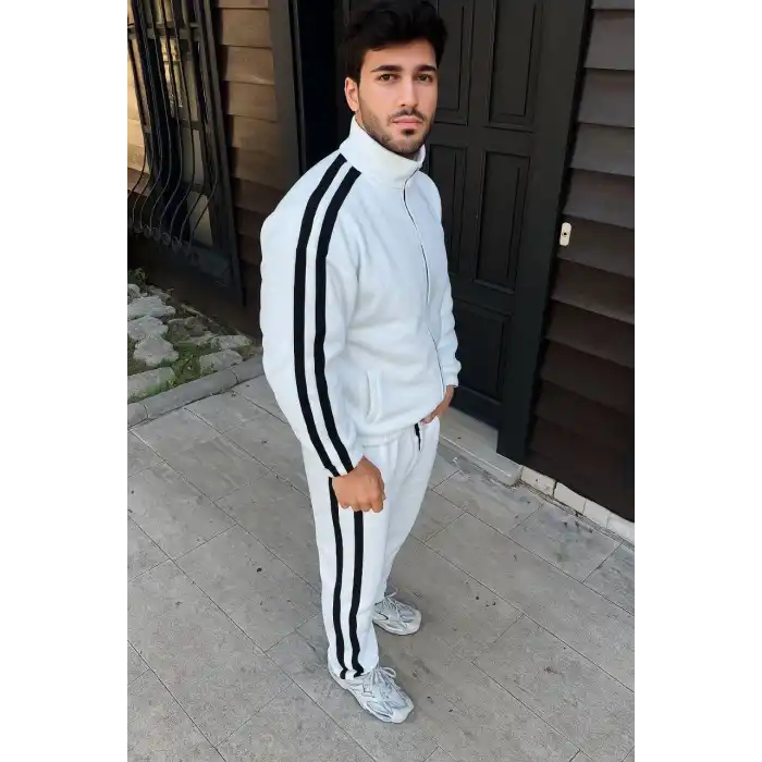 Erkek Çift Şeritli Eşofman Takım Dik Yaka Fermuarlı Sweatshirt Boru Paça Alt, Oversize 3 iplik Pamuklu - Beyaz