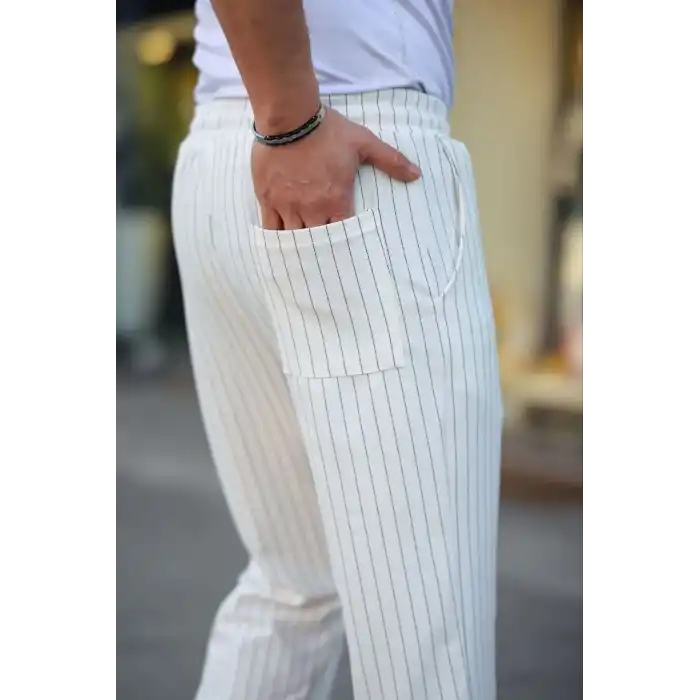 Erkek Cizgili Dokuma Krep Jogger Buggy Pantalon Rahat kalıp - Beyaz