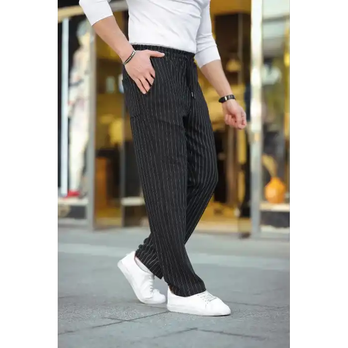Erkek Cizgili Dokuma Krep Jogger Buggy Pantalon Rahat kalıp - Siyah