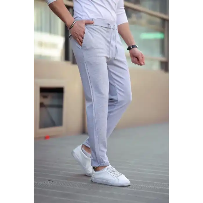Erkek Diagonel Mikro dokulu Cepli Beli Lastilki Pantolon - Gri