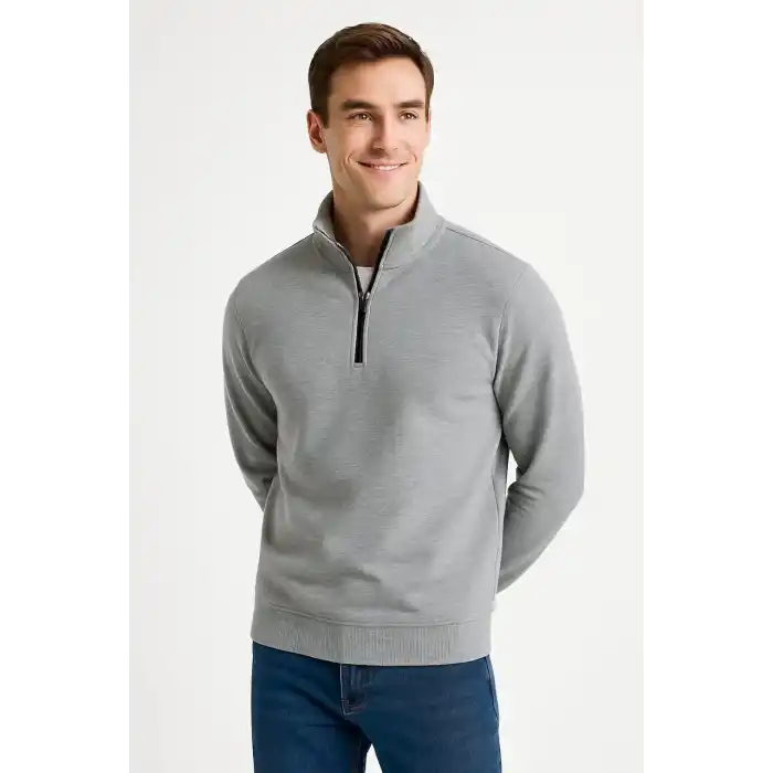 Erkek Dik Yaka Sweatshirt Dik Yaka Yarım Fermuarlı 3 İplik Şardonlu Pamuk Kumaş - Gri