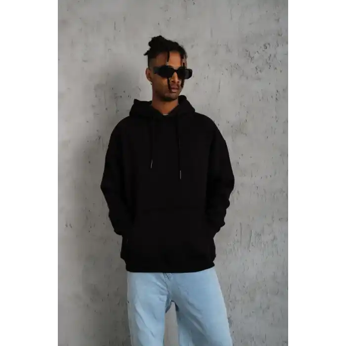Erkek Düz Kapüşonlu Sweat - Siyah