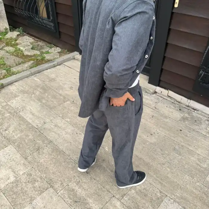 Erkek Fitilli Kadife Cepli Buggy Pantolon Oversize Rahat Kalıp - Füme