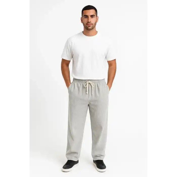 Erkek Fitilli Kadife Cepli Buggy Pantolon Oversize Rahat Kalıp - Gri