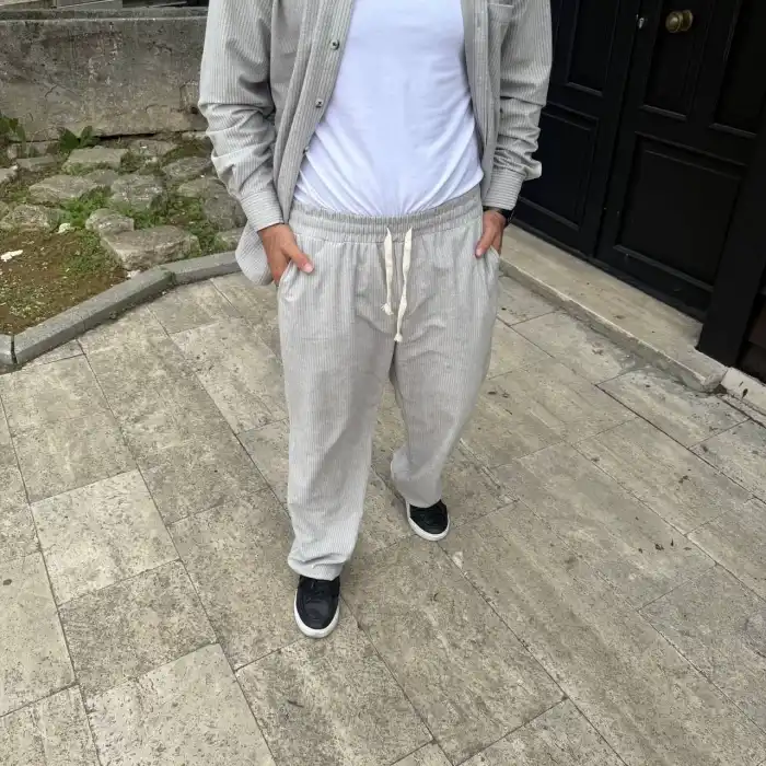 Erkek Fitilli Kadife Cepli Buggy Pantolon Oversize Rahat Kalıp - Gri