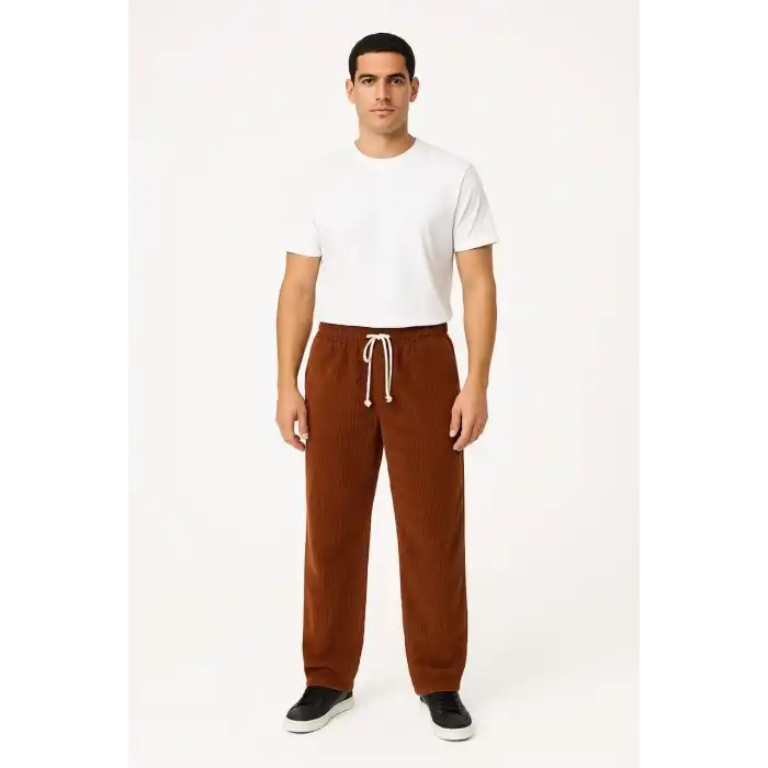 Erkek Fitilli Kadife Cepli Buggy Pantolon Oversize Rahat Kalıp - Kahverengi