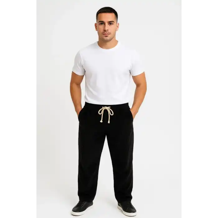 Erkek Fitilli Kadife Cepli Buggy Pantolon Oversize Rahat Kalıp - Siyah