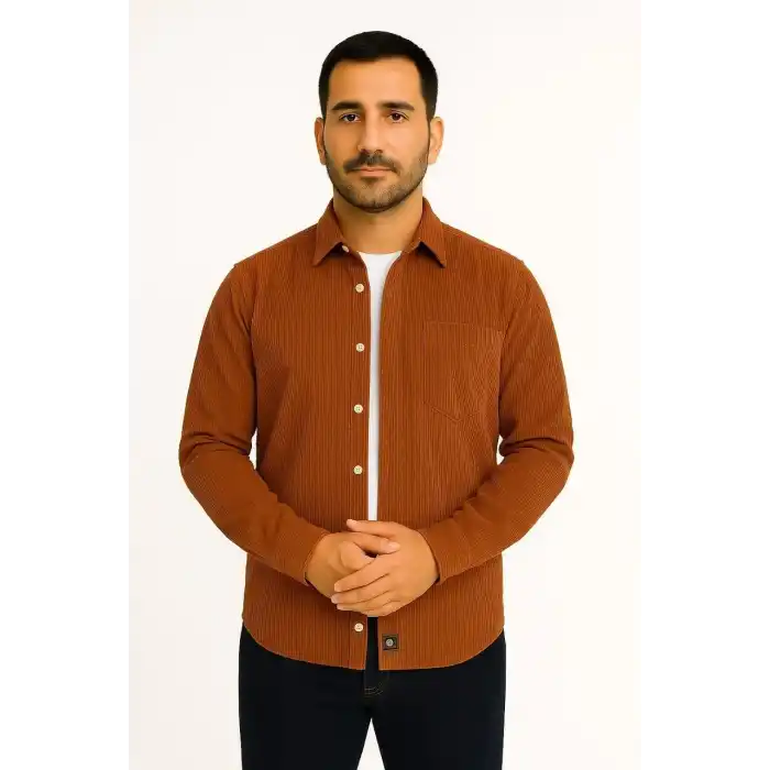 Erkek Fitilli Kadife Cepli Gömlek Oversize Rahat Kalıp - Kahverengi