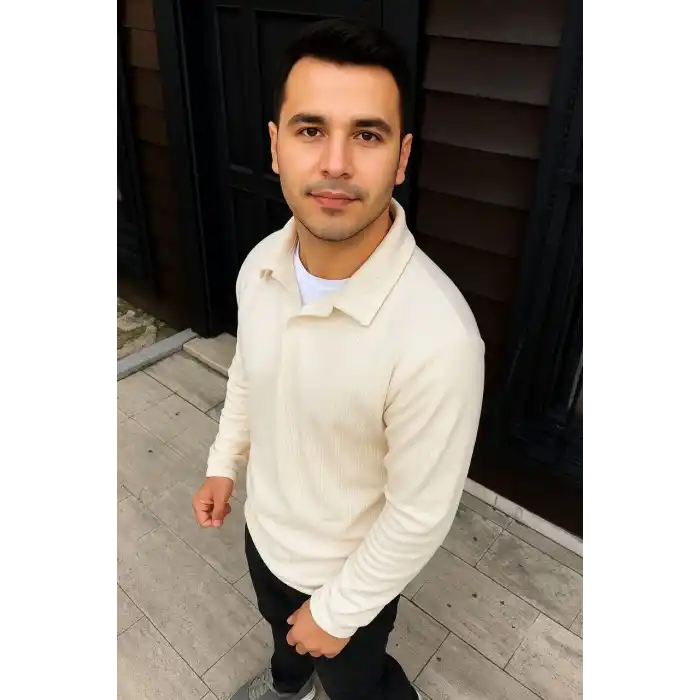 Erkek Fitilli Polar Sweatshirt – Düğmesiz Polo Yaka, Oversize Rahat Kalıp, Kalın Polar Kumaş, Kışlık ve Baharlık Şık Günlük Üst - Beyaz