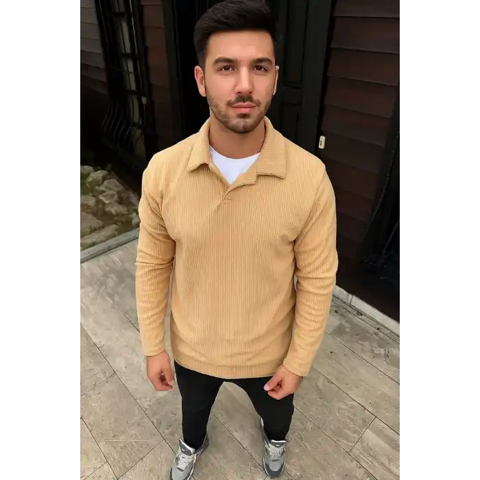 Erkek Fitilli Polar Sweatshirt – Düğmesiz Polo Yaka, Oversize Rahat Kalıp, Kalın Polar Kumaş, Kışlık ve Baharlık Şık Günlük Üst - Bej